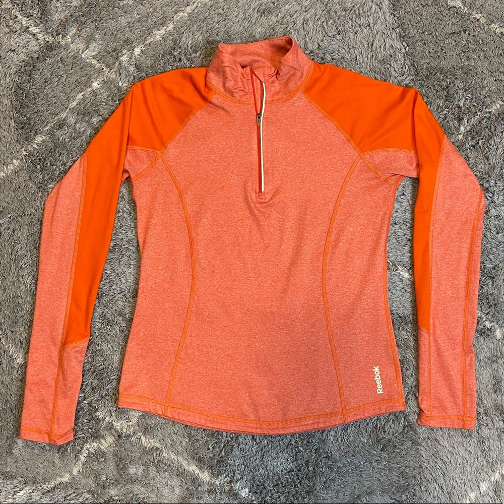 Women's Reebok Orange Heatherd Mock Neck 1/4 Zip Play Dry Pullover. Sz. S